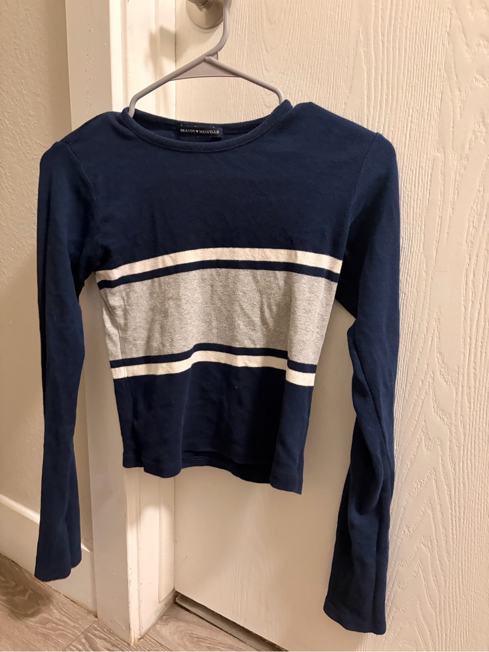 Brandy Melville Navy, Gray & White Striped Long Sleeve Tee